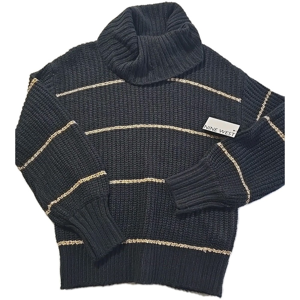 New NINE West Women's Black Gold Medium Knit Sweater Cowl Neck‎ Sequin